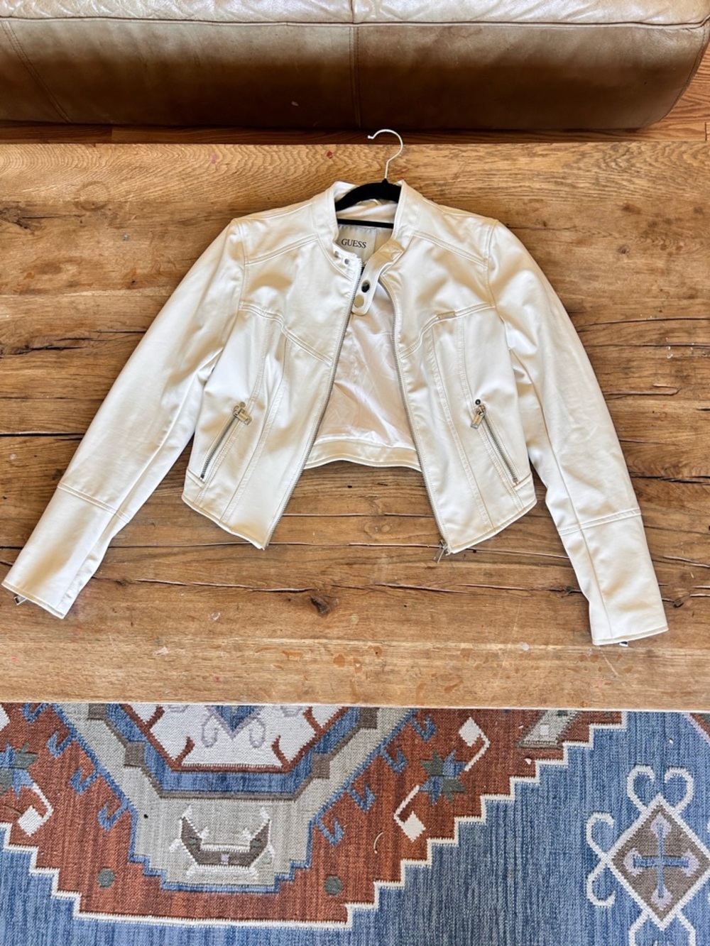 GUESS Women's White Faux Leather Moto Jacket Small
